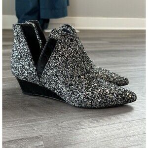 Viajiyu Syrene Black Glitter Pointed Toe Wedges Size 5.5 Italy Booties Shoes